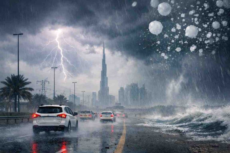 UAE weather unstable rain lightning hail and gusty winds today