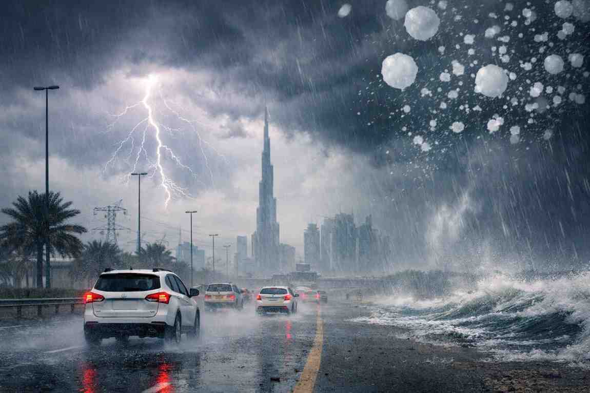 UAE weather unstable rain lightning hail and gusty winds today