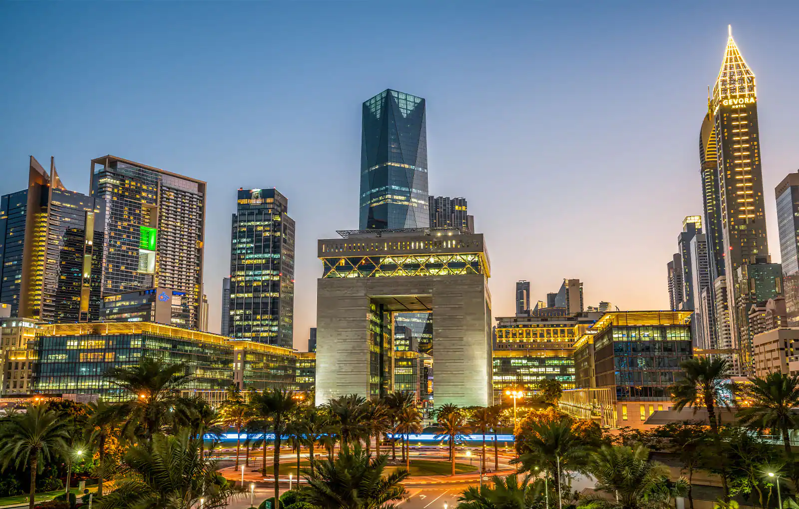 Modern skyline of Dubai International Financial Centre (DIFC) with iconic Gate Building and skyscrapers, representing Dubai's emergence as a leading hedge fund hub.